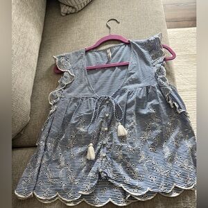 Zara Blue and White Striped Embroidered Peasant Blouse